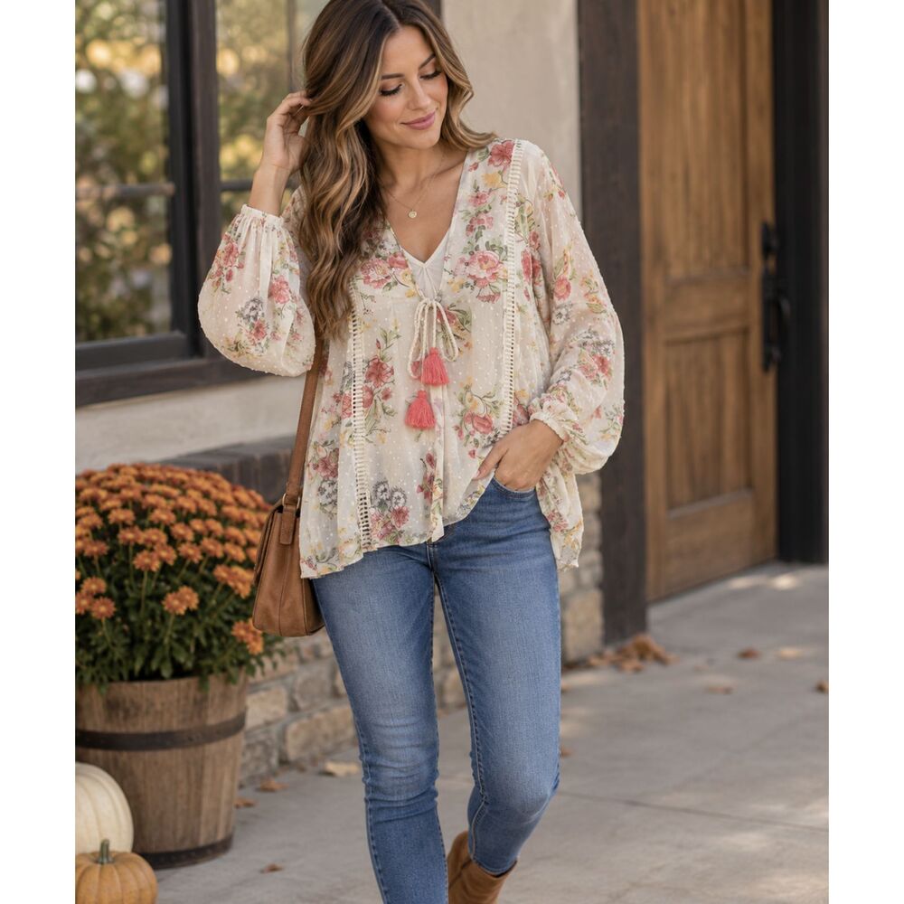 Time and Tru Women’s L Floral Swiss Dot Peasant Blouse Boho Tassel Cream 12-14